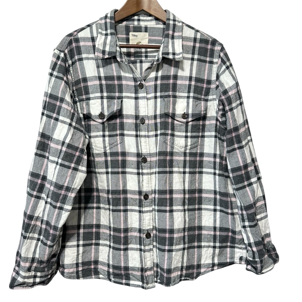 TILLEY Plaid Flannel Button Down Shirt Gray Pink XXL